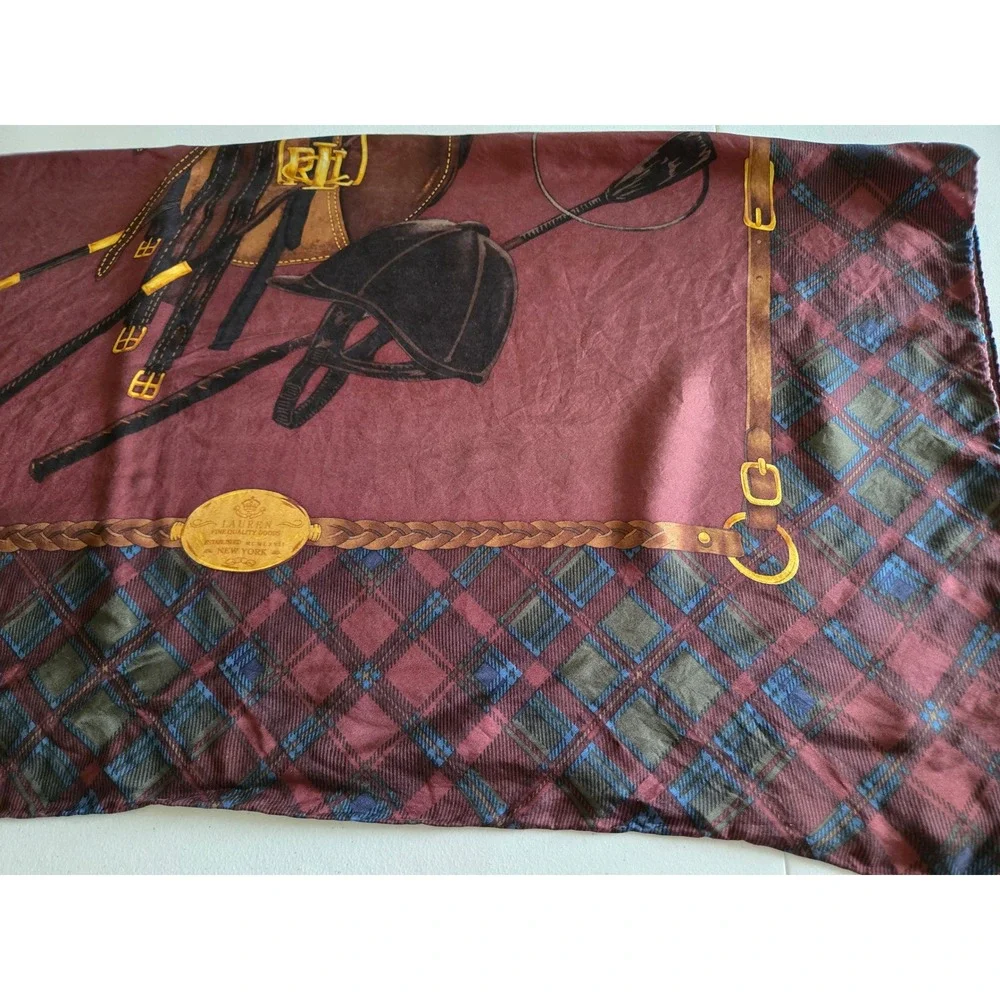 Lauren Ralph Lauren Silk Scarf Burgundy Equestrian Saddle Riding 34x34 Large Sqr